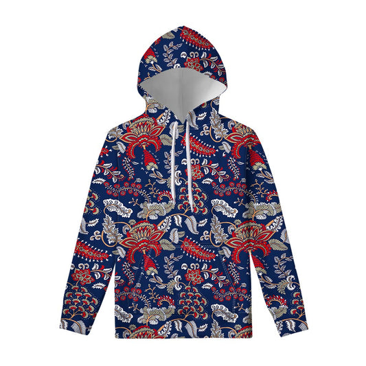 Blue Vintage Bohemian Floral Print Pullover Hoodie