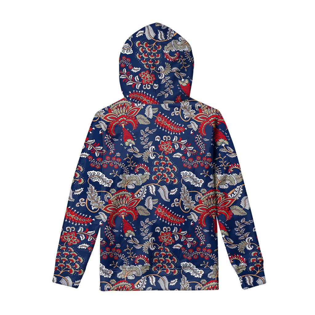 Blue Vintage Bohemian Floral Print Pullover Hoodie