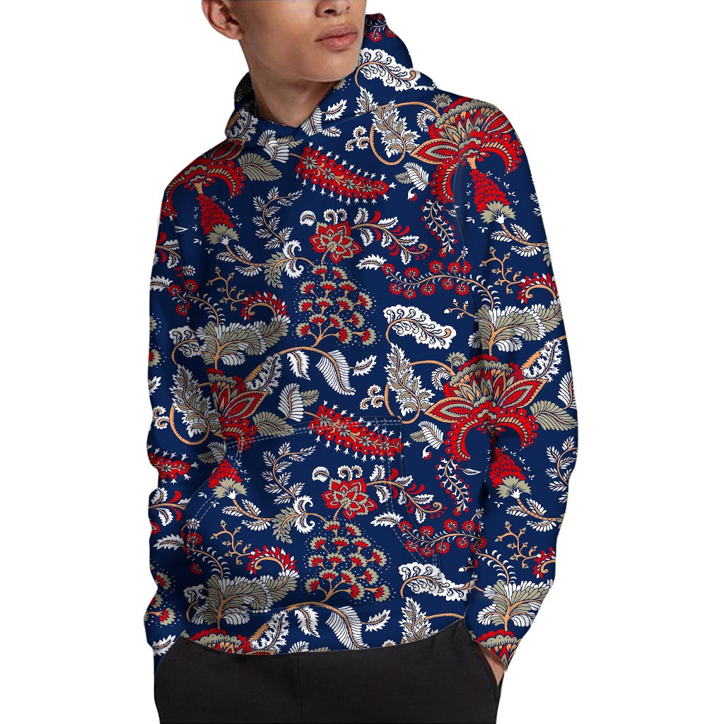 Blue Vintage Bohemian Floral Print Pullover Hoodie
