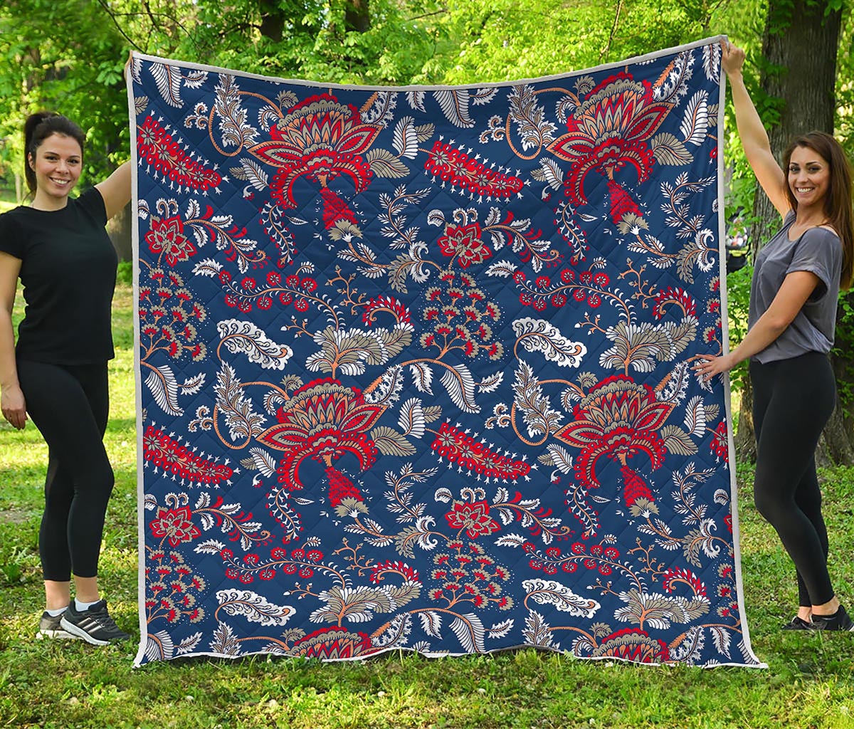 Blue Vintage Bohemian Floral Print Quilt