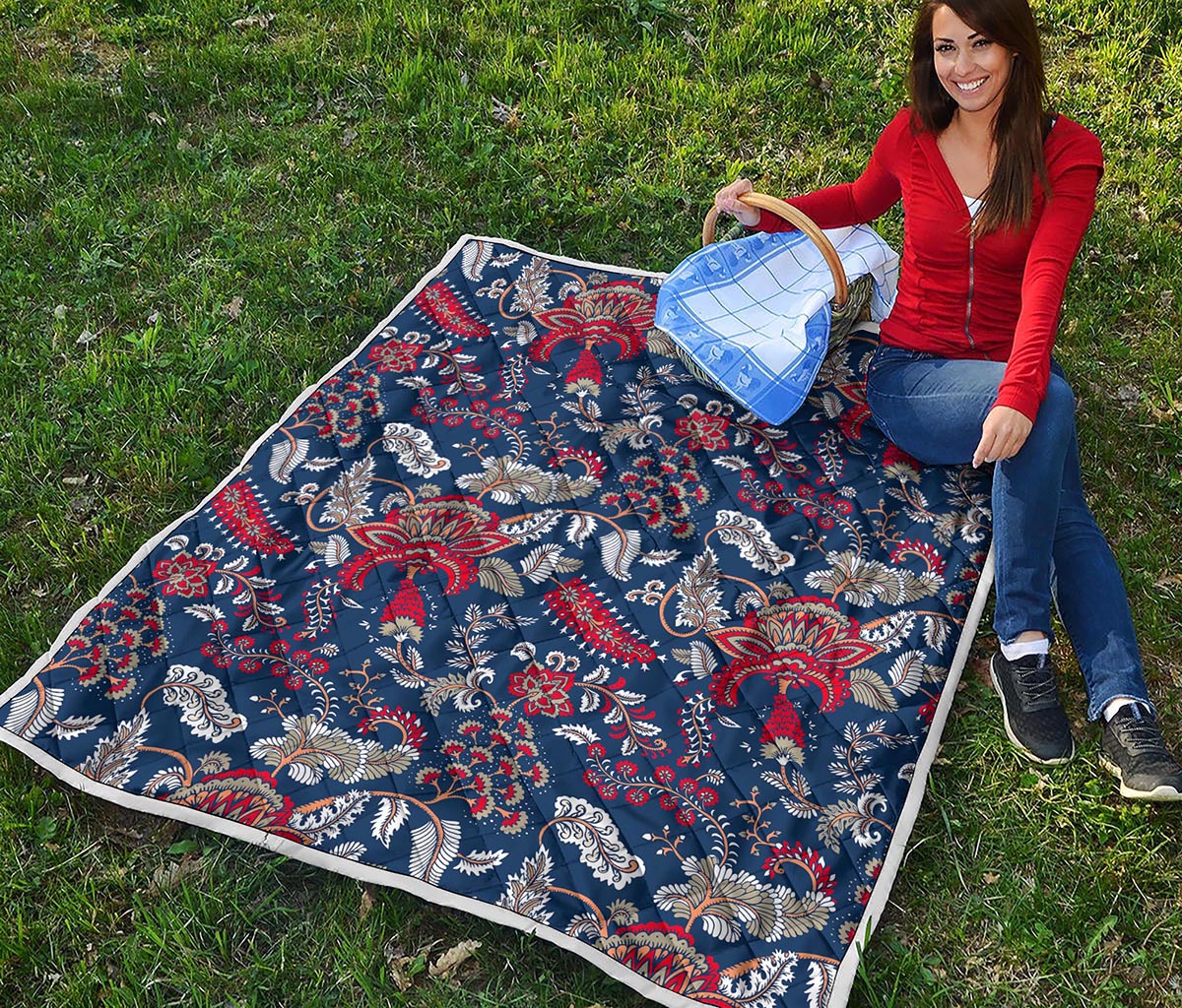 Blue Vintage Bohemian Floral Print Quilt