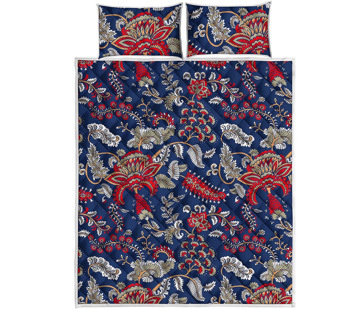 Blue Vintage Bohemian Floral Print Quilt Bed Set