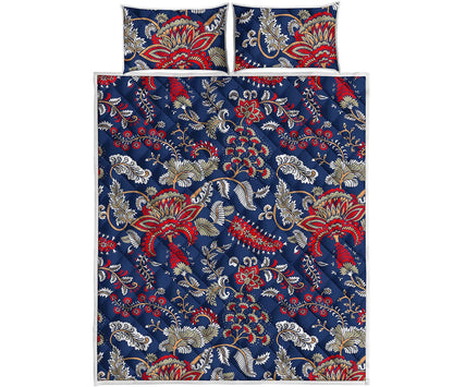 Blue Vintage Bohemian Floral Print Quilt Bed Set