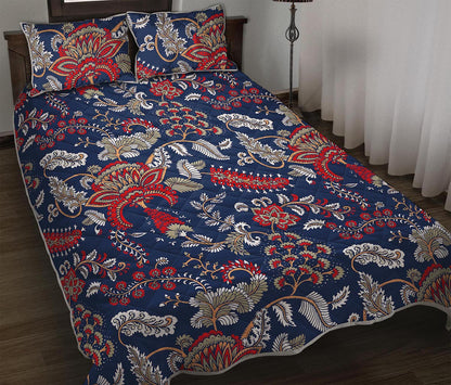 Blue Vintage Bohemian Floral Print Quilt Bed Set