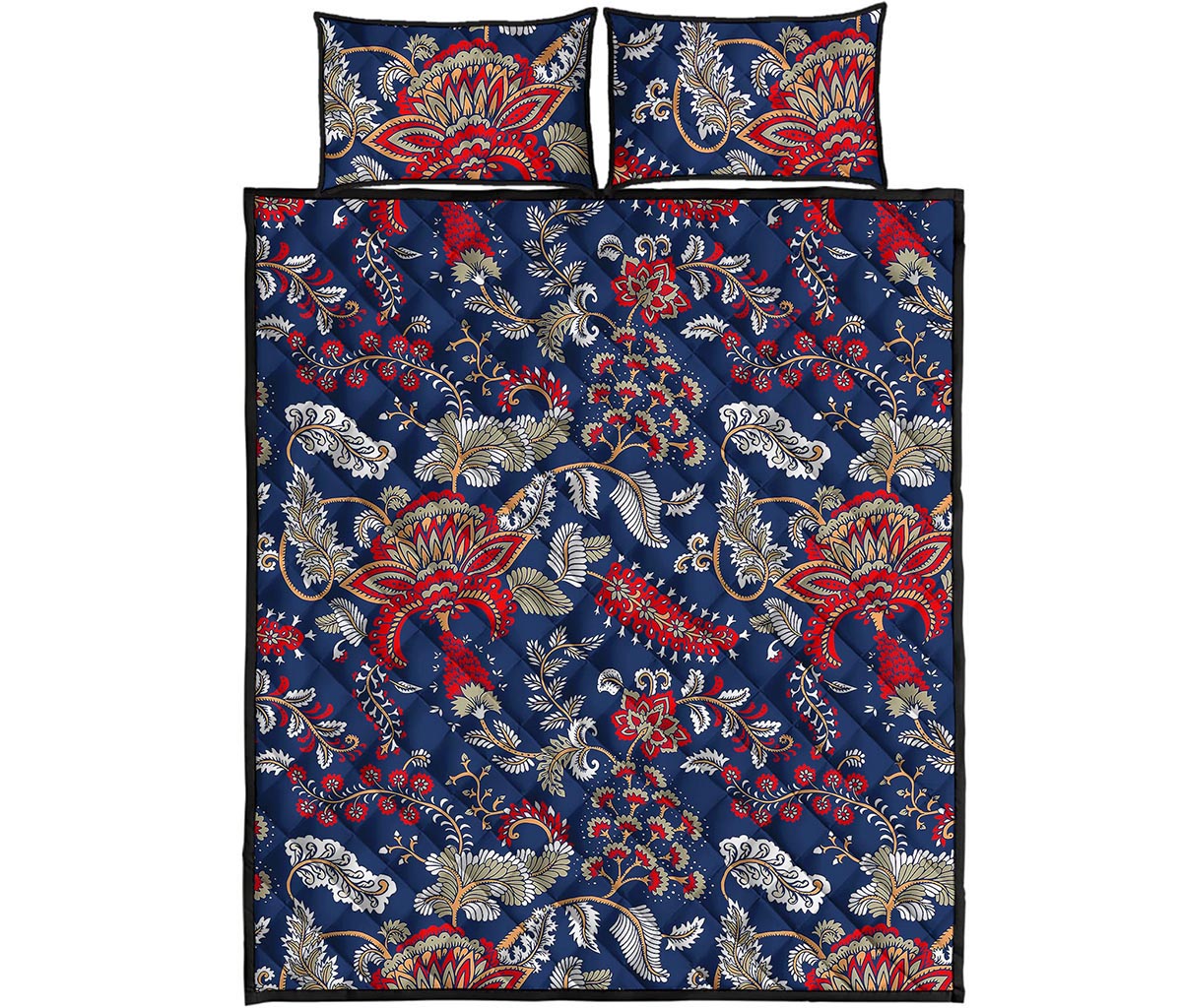 Blue Vintage Bohemian Floral Print Quilt Bed Set