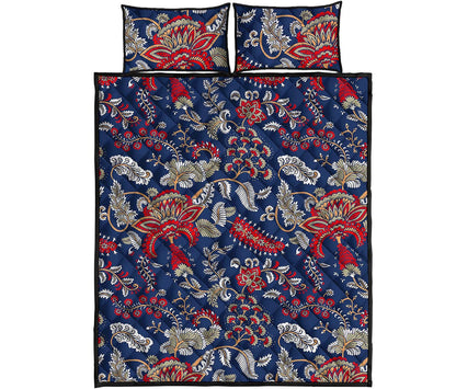 Blue Vintage Bohemian Floral Print Quilt Bed Set