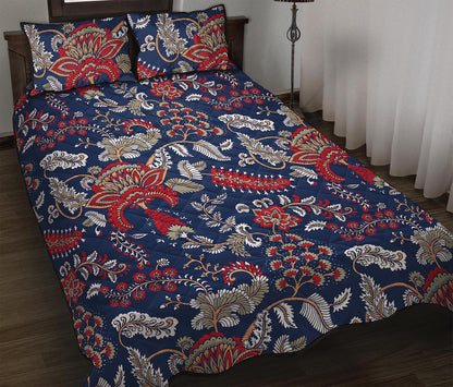 Blue Vintage Bohemian Floral Print Quilt Bed Set