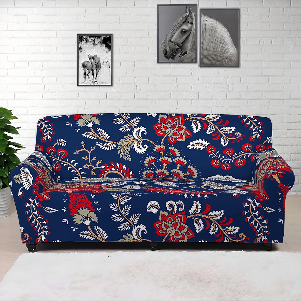 Blue Vintage Bohemian Floral Print Sofa Cover