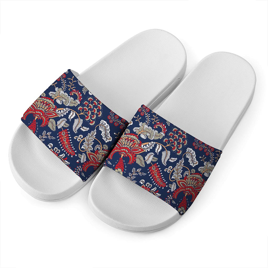 Blue Vintage Bohemian Floral Print White Slide Sandals