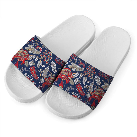 Blue Vintage Bohemian Floral Print White Slide Sandals