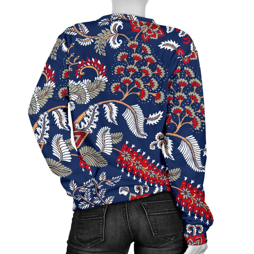 Blue Vintage Bohemian Floral Print Women's Crewneck Sweatshirt GearFrost