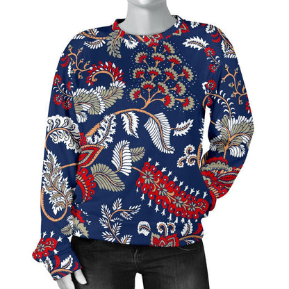 Blue Vintage Bohemian Floral Print Women's Crewneck Sweatshirt GearFrost