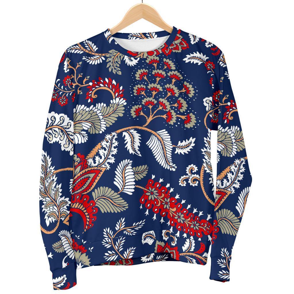 Blue Vintage Bohemian Floral Print Women's Crewneck Sweatshirt GearFrost