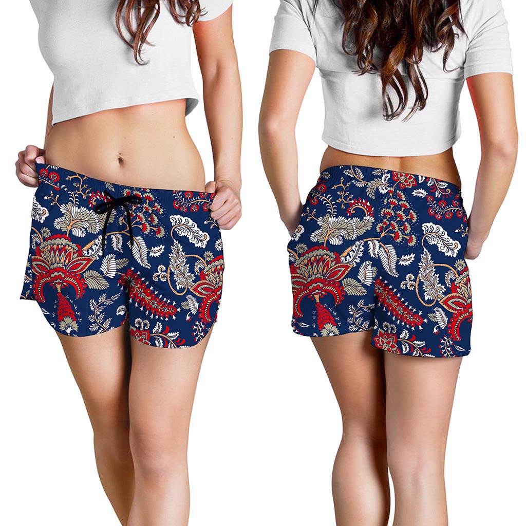 Blue Vintage Bohemian Floral Print Women's Shorts