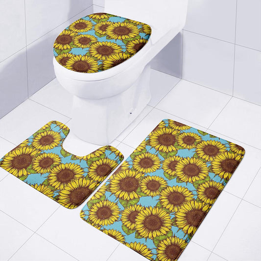 Blue Vintage Sunflower Pattern Print 3 Piece Bath Mat Set