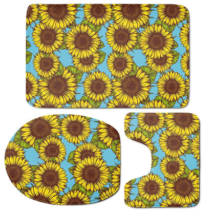 Blue Vintage Sunflower Pattern Print 3 Piece Bath Mat Set
