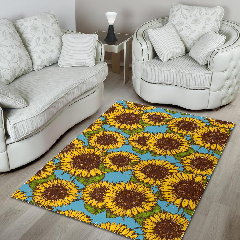 Blue Vintage Sunflower Pattern Print Area Rug GearFrost