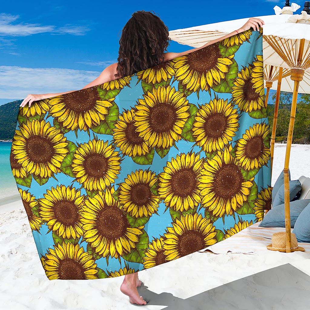 Blue Vintage Sunflower Pattern Print Beach Sarong Wrap