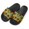 Blue Vintage Sunflower Pattern Print Black Slide Sandals