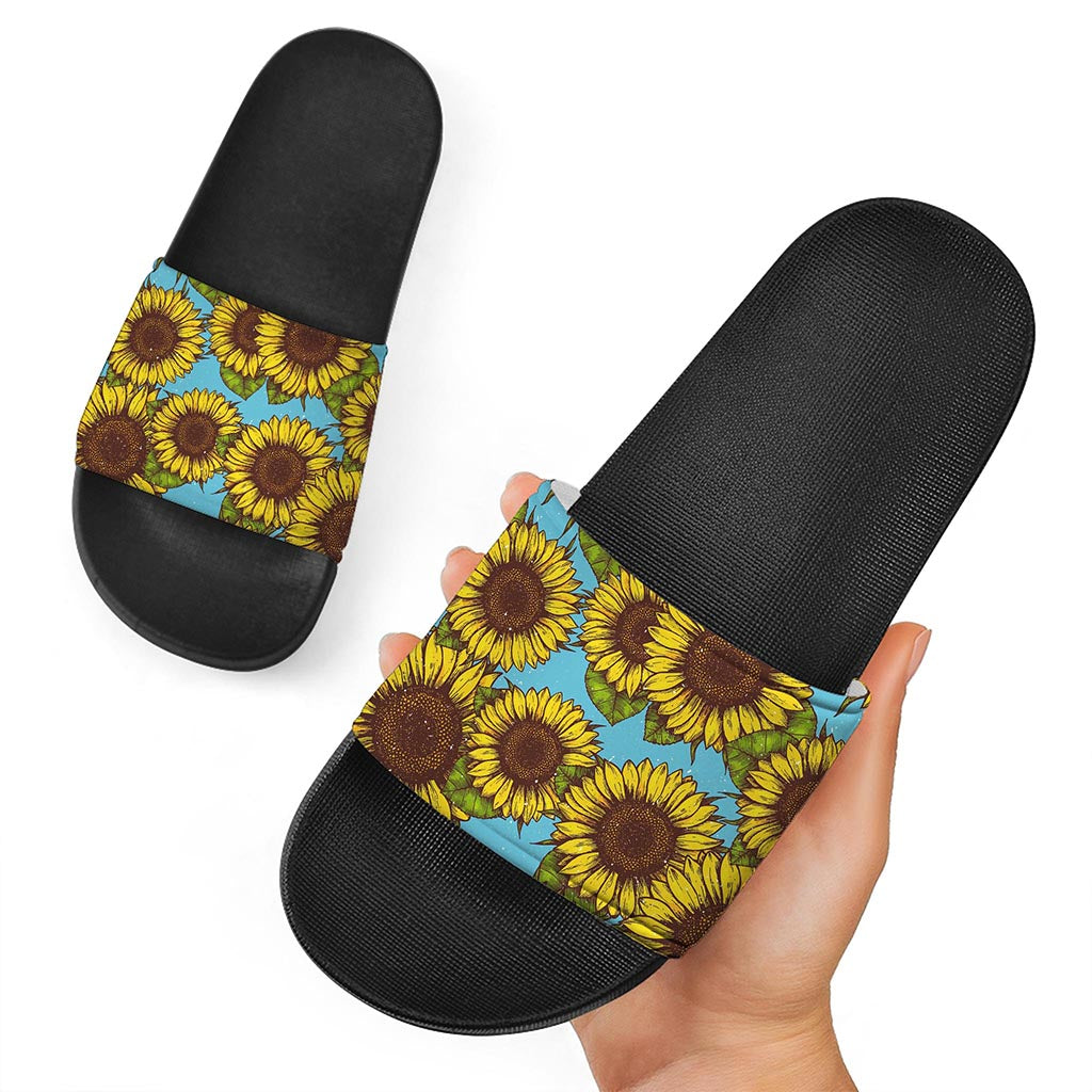 Blue Vintage Sunflower Pattern Print Black Slide Sandals