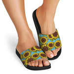 Blue Vintage Sunflower Pattern Print Black Slide Sandals