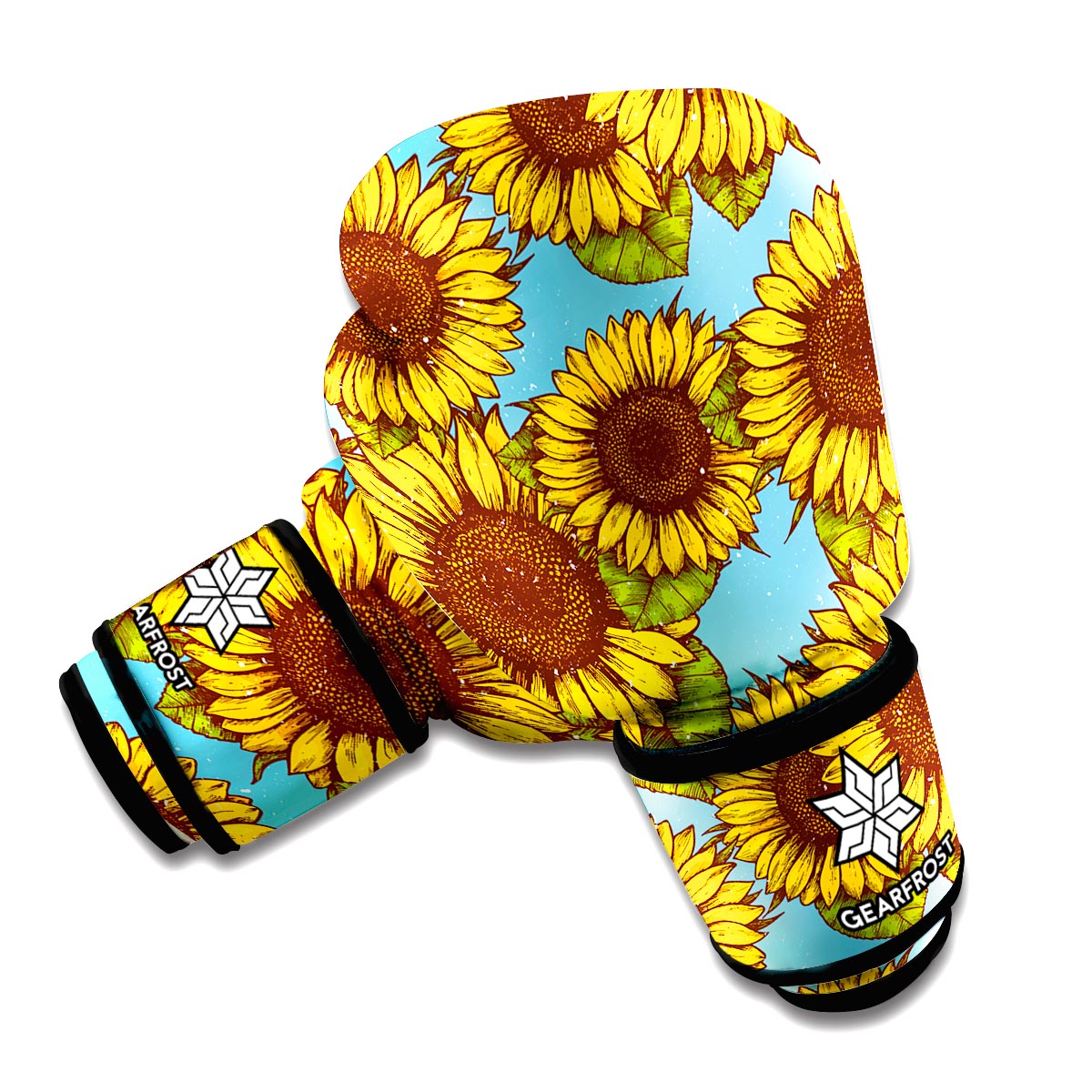 Blue Vintage Sunflower Pattern Print Boxing Gloves