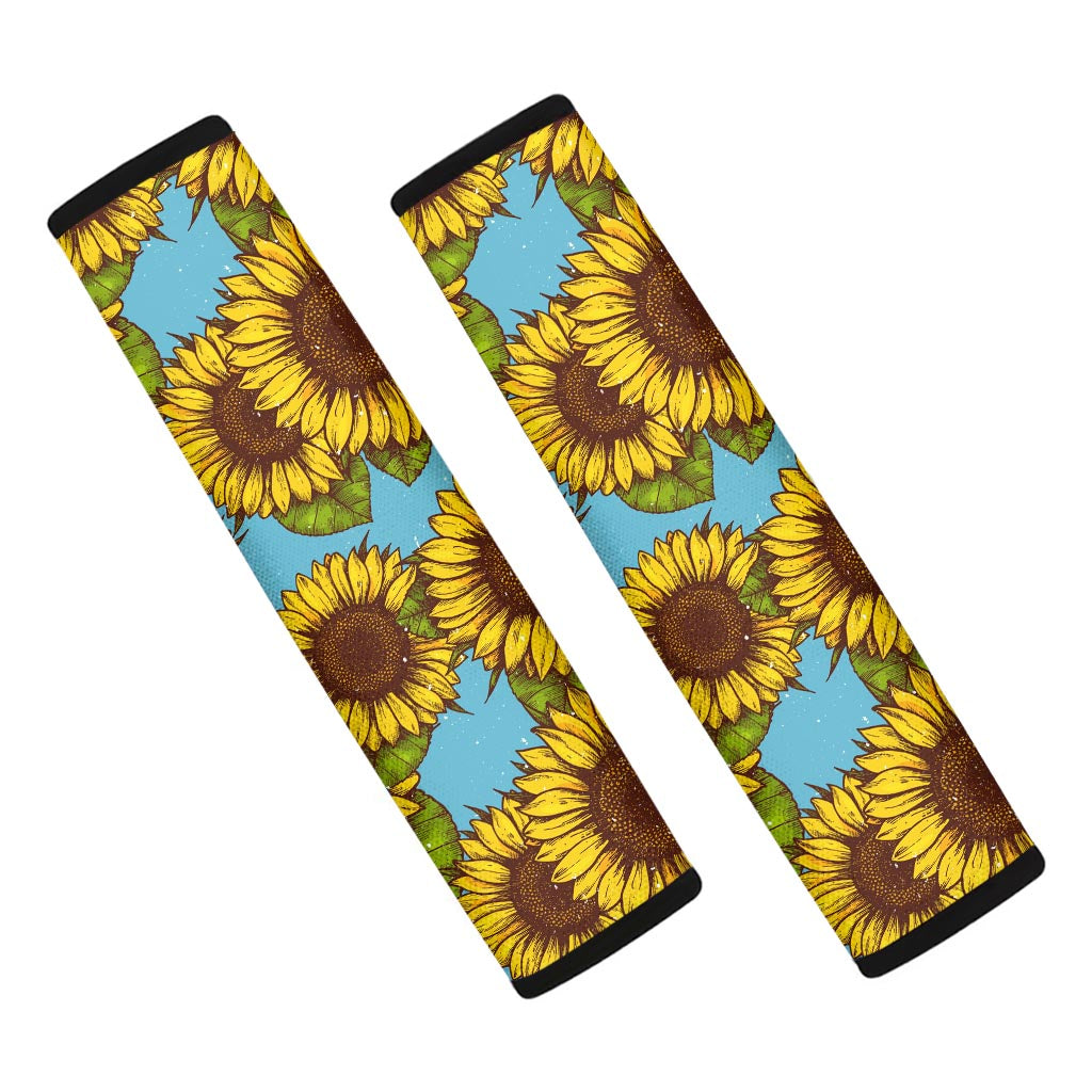 Blue Vintage Sunflower Pattern Print Car Seat Belt Covers