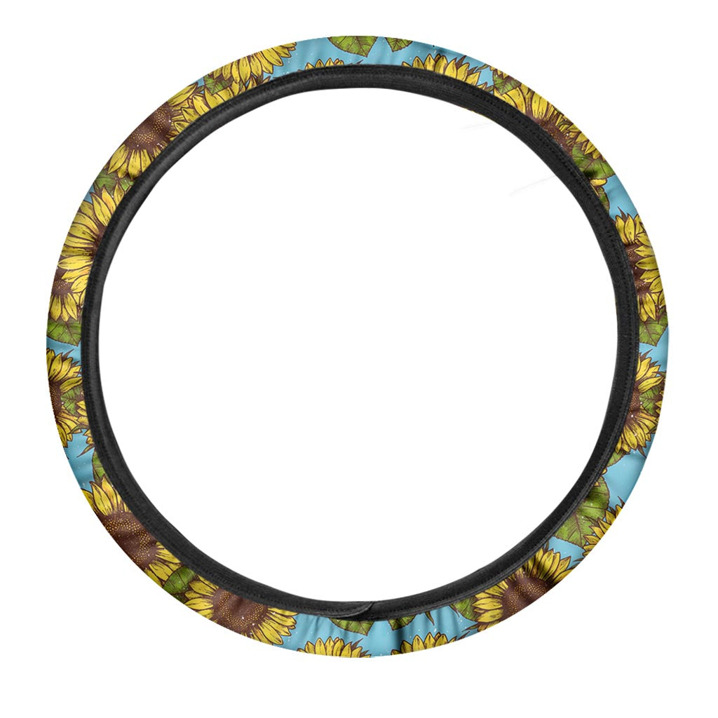 Blue Vintage Sunflower Pattern Print Car Steering Wheel Cover