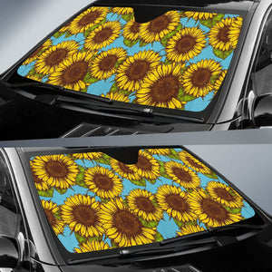Blue Vintage Sunflower Pattern Print Car Sun Shade GearFrost