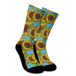 Blue Vintage Sunflower Pattern Print Crew Socks