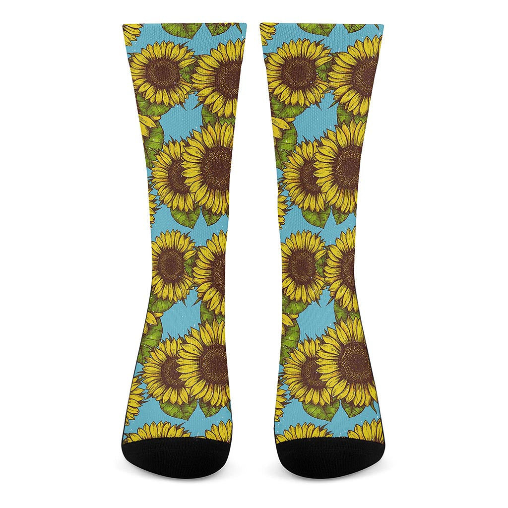 Blue Vintage Sunflower Pattern Print Crew Socks