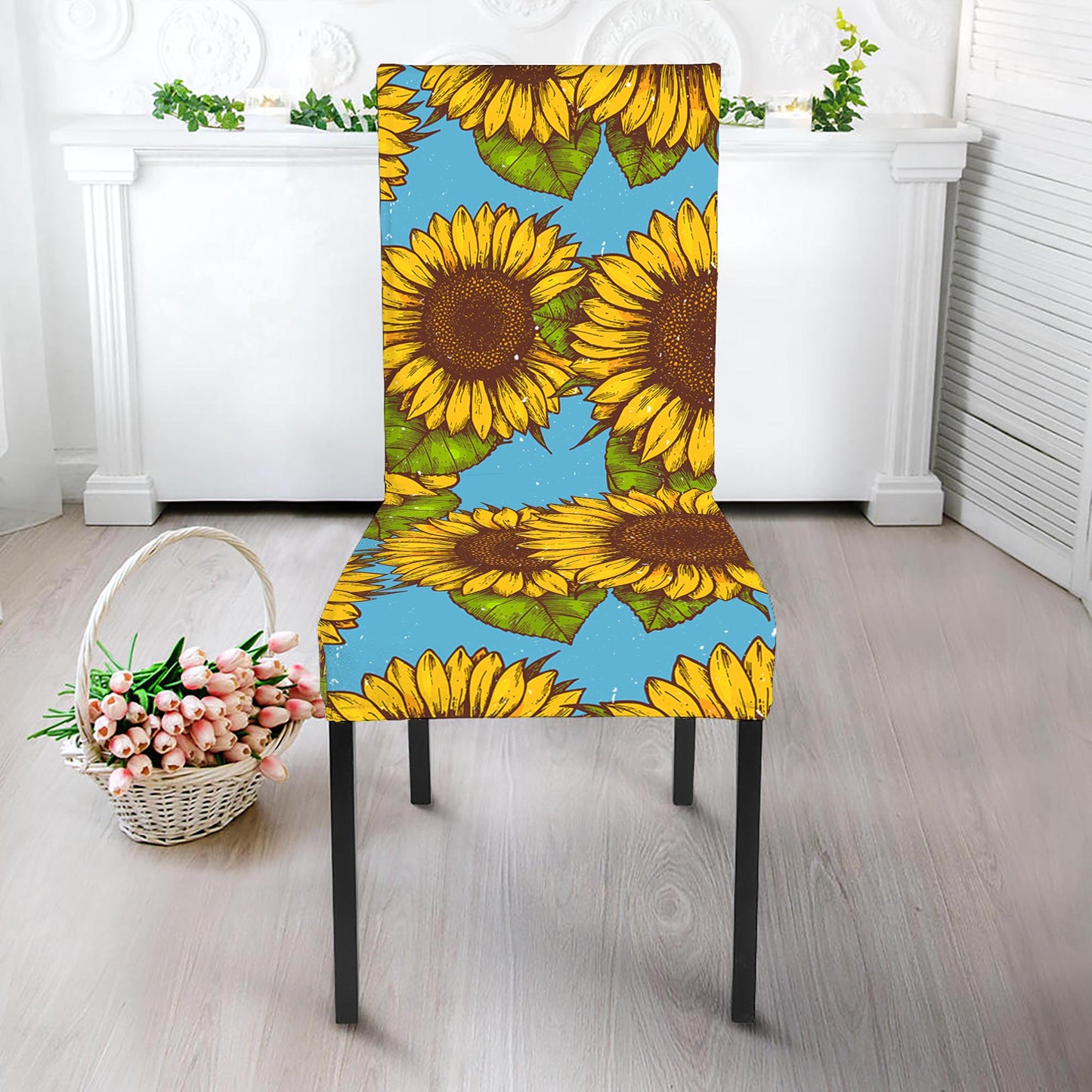 Blue Vintage Sunflower Pattern Print Dining Chair Slipcover