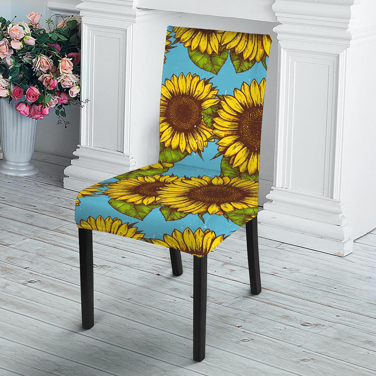 Blue Vintage Sunflower Pattern Print Dining Chair Slipcover
