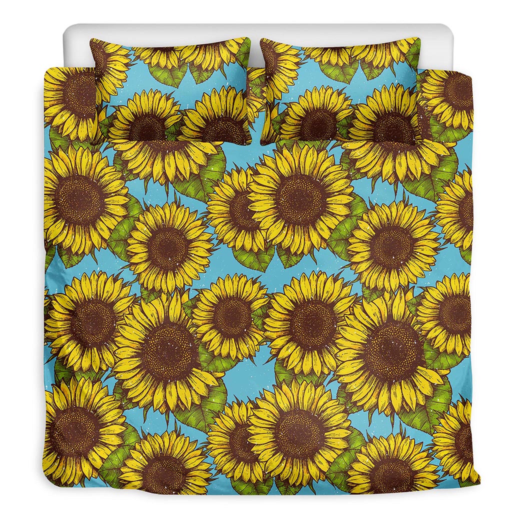 Blue Vintage Sunflower Pattern Print Duvet Cover Bedding Set