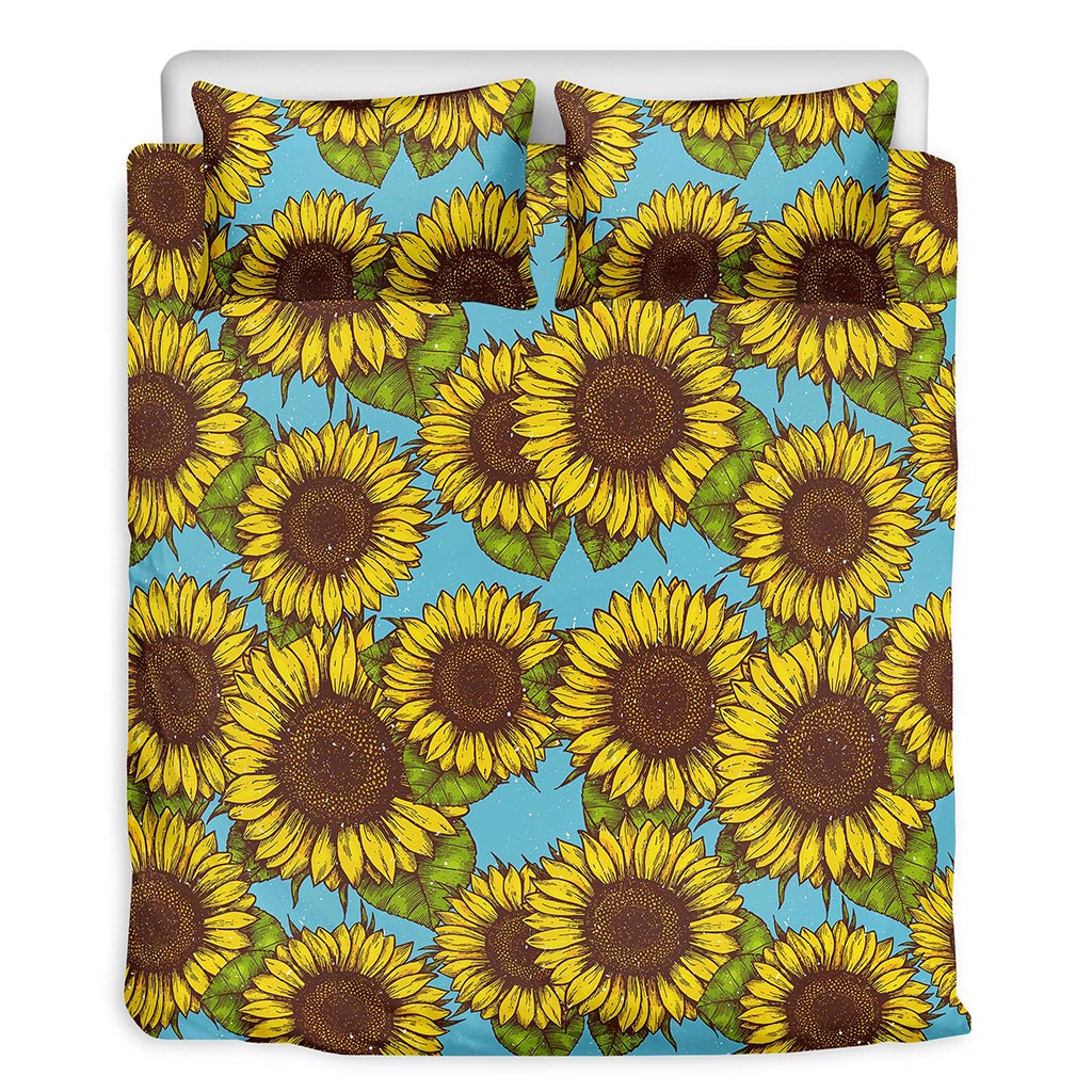 Blue Vintage Sunflower Pattern Print Duvet Cover Bedding Set