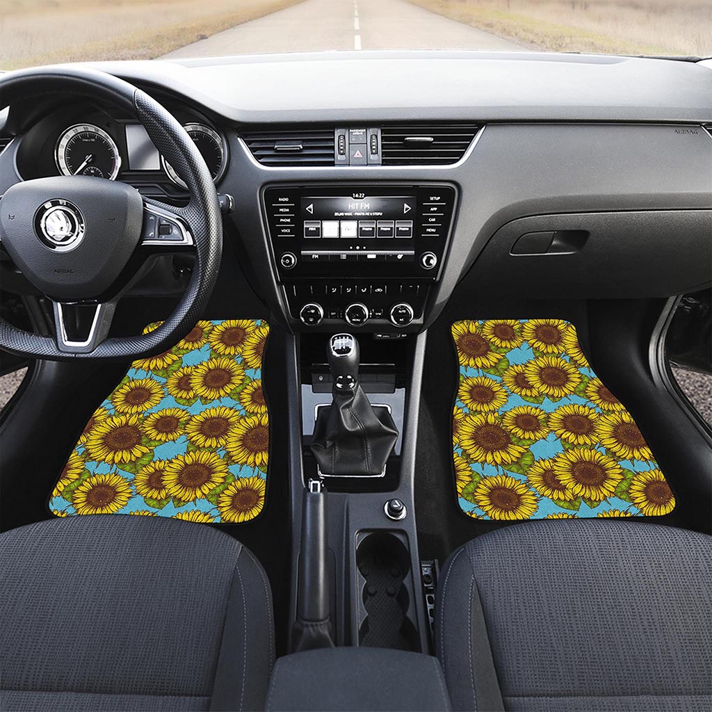 Blue Vintage Sunflower Pattern Print Front and Back Car Floor Mats