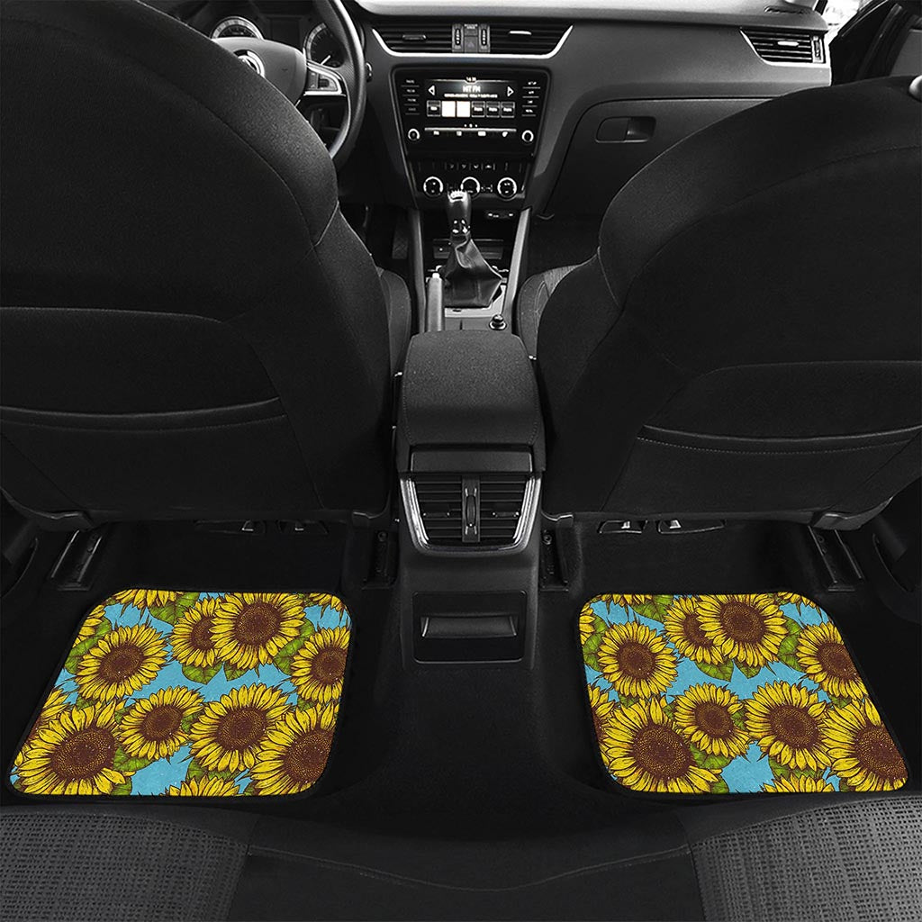 Blue Vintage Sunflower Pattern Print Front and Back Car Floor Mats