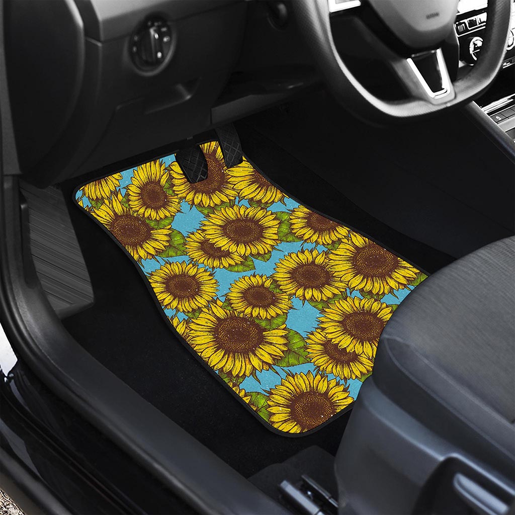 Blue Vintage Sunflower Pattern Print Front and Back Car Floor Mats