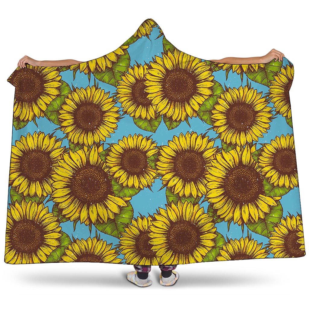Blue Vintage Sunflower Pattern Print Hooded Blanket