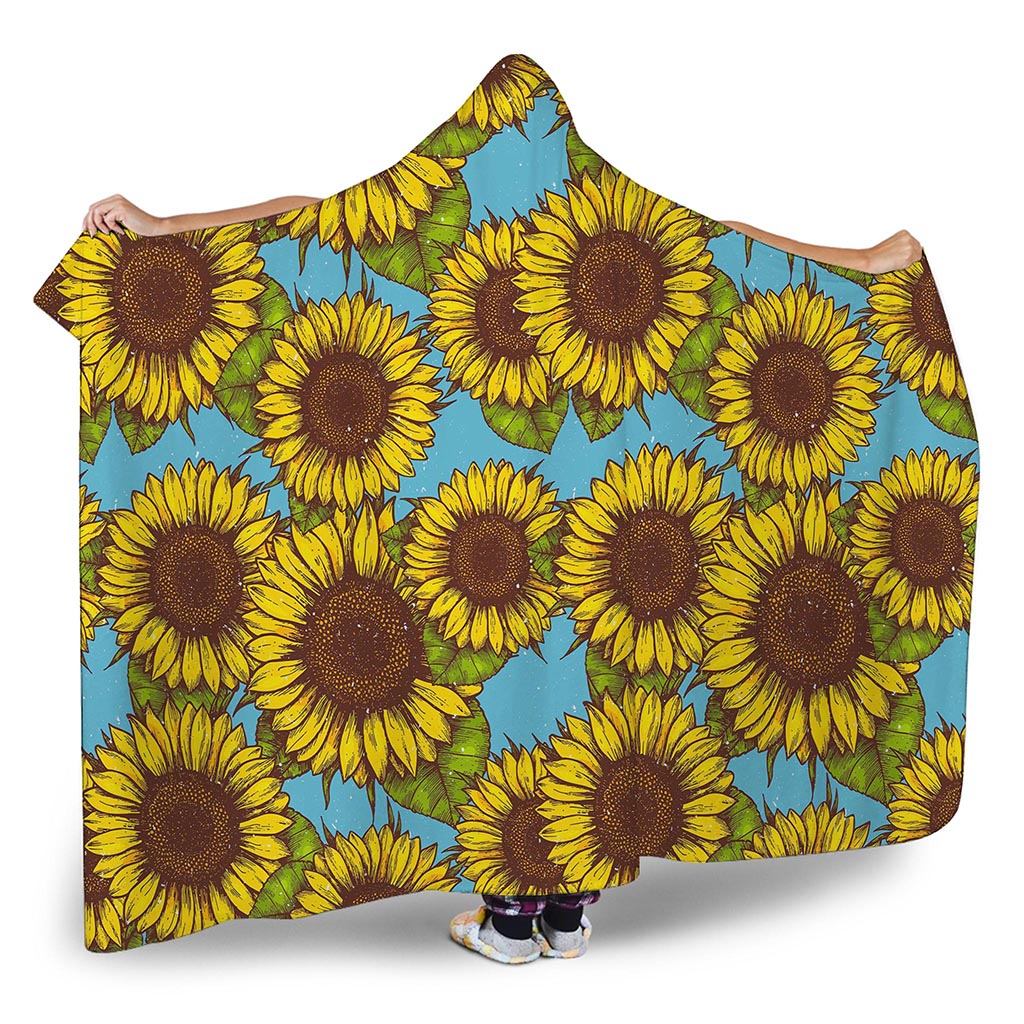 Blue Vintage Sunflower Pattern Print Hooded Blanket