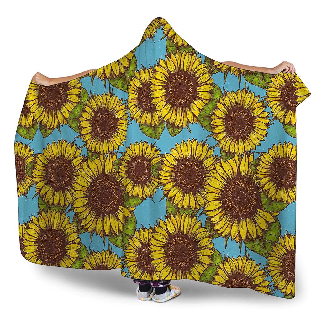 Blue Vintage Sunflower Pattern Print Hooded Blanket