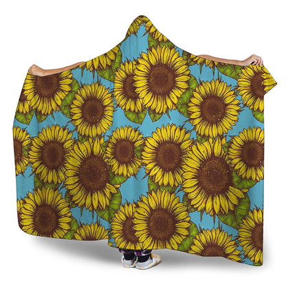 Blue Vintage Sunflower Pattern Print Hooded Blanket