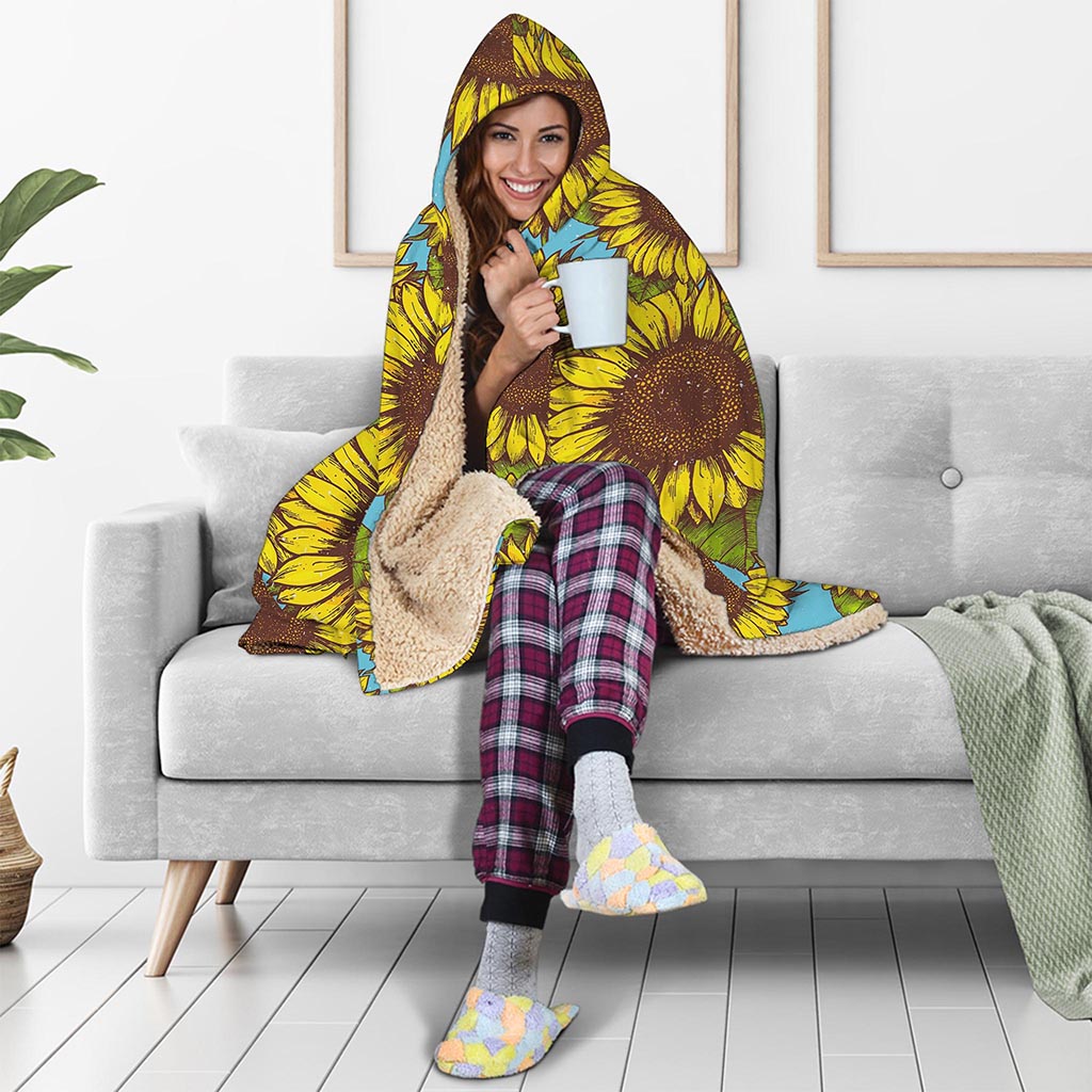 Blue Vintage Sunflower Pattern Print Hooded Blanket