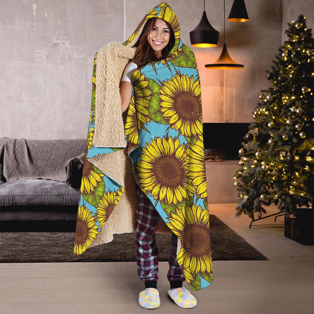 Blue Vintage Sunflower Pattern Print Hooded Blanket