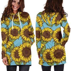 Blue Vintage Sunflower Pattern Print Hoodie Dress GearFrost