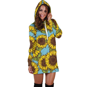 Blue Vintage Sunflower Pattern Print Hoodie Dress GearFrost