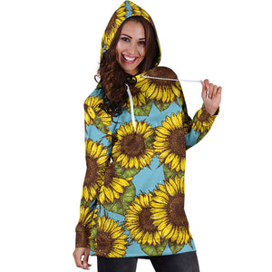 Blue Vintage Sunflower Pattern Print Hoodie Dress GearFrost