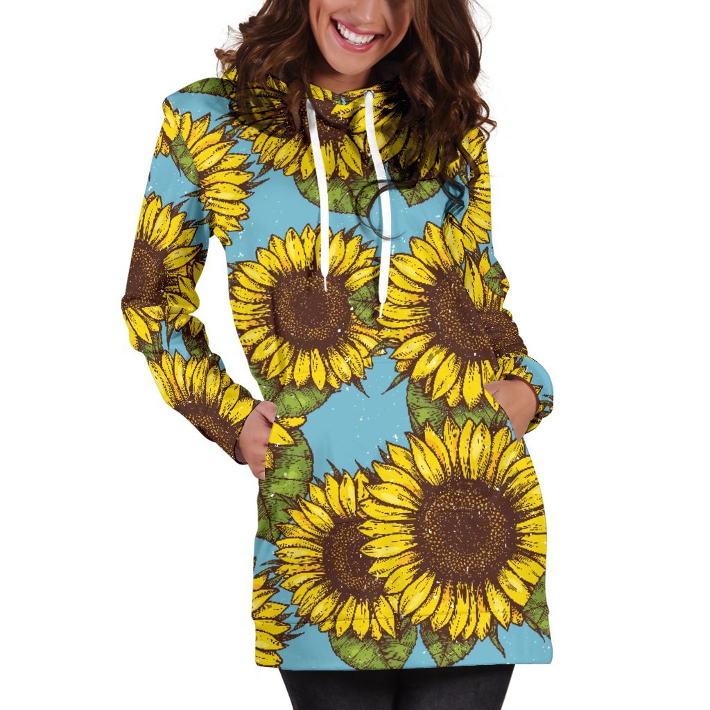 Blue Vintage Sunflower Pattern Print Hoodie Dress GearFrost