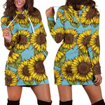 Blue Vintage Sunflower Pattern Print Hoodie Dress GearFrost