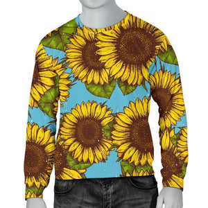 Blue Vintage Sunflower Pattern Print Men's Crewneck Sweatshirt GearFrost